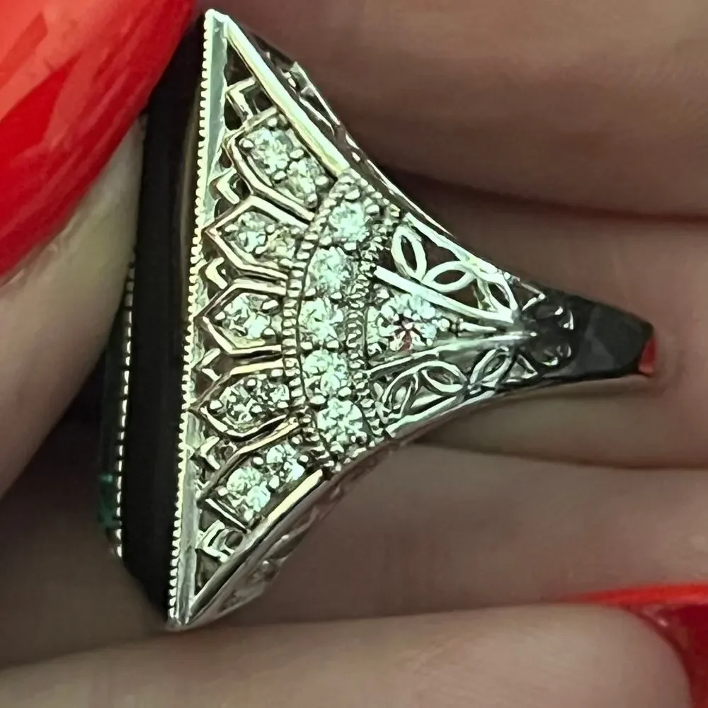 Vintage Estate Gorgeous Green and Black Enamel 925 Sterling Silver Art Deco Ring
